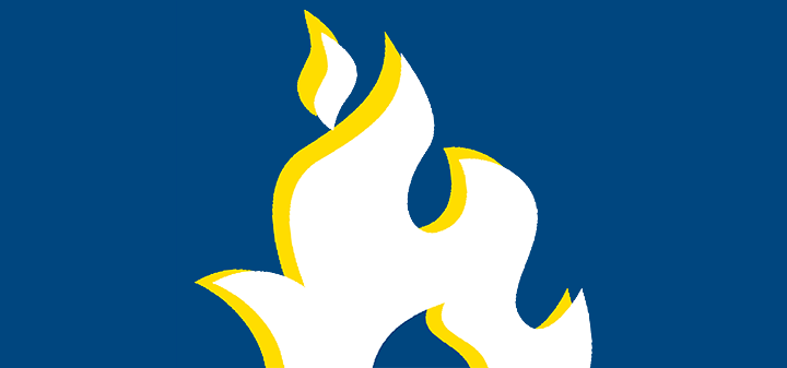 Fire icon, white and yellow flames on blue background